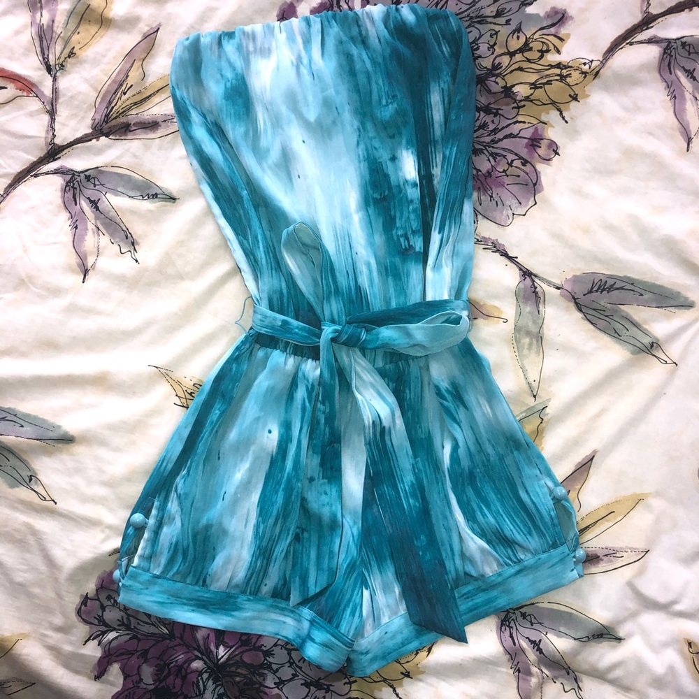 Guess Teal White Strapless Belted Romper